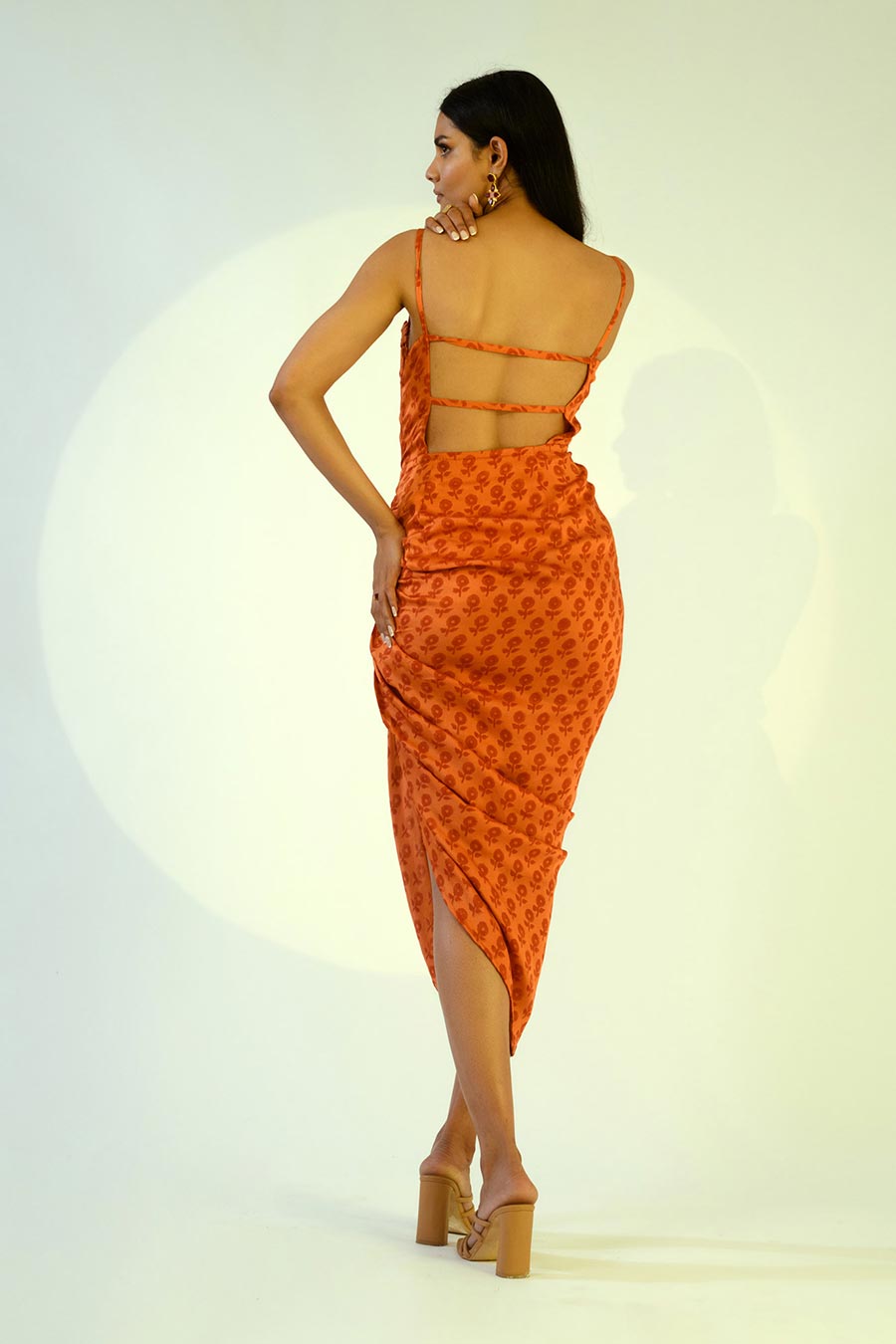 RUBY - Rust Printed Silk Drape Dress