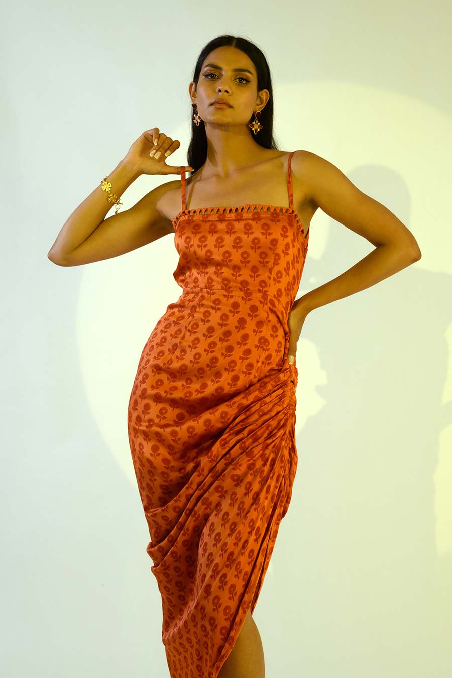 RUBY - Rust Printed Silk Drape Dress