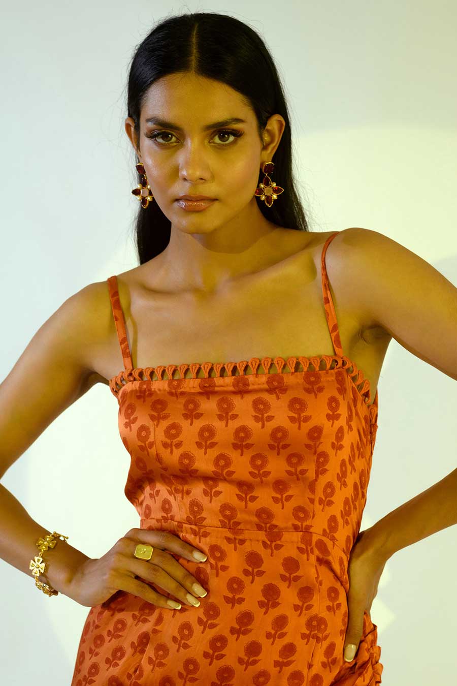 RUBY - Rust Printed Silk Drape Dress