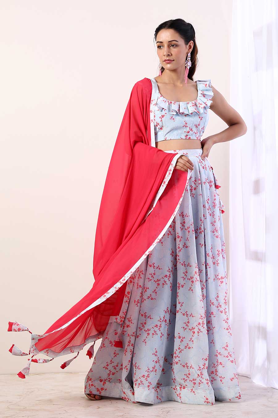 Blue & Fuschia Embroidered Lehenga Set