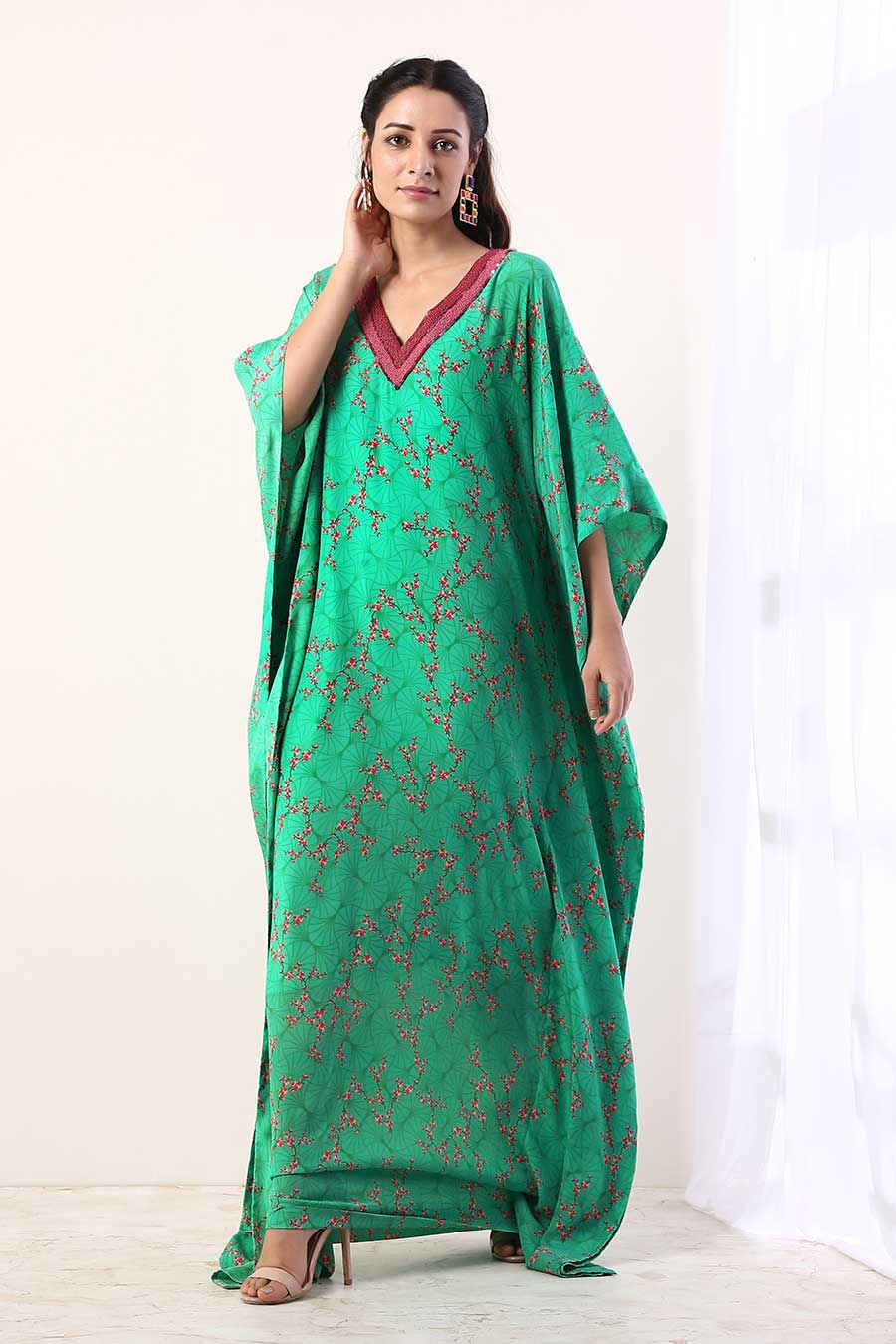 Green Embroidered Kaftan Dress With Slip