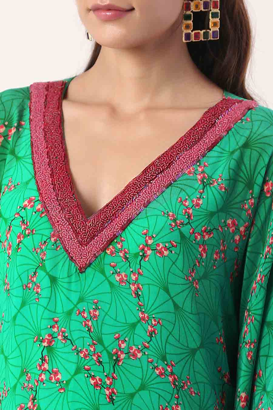 Green Embroidered Kaftan Dress With Slip