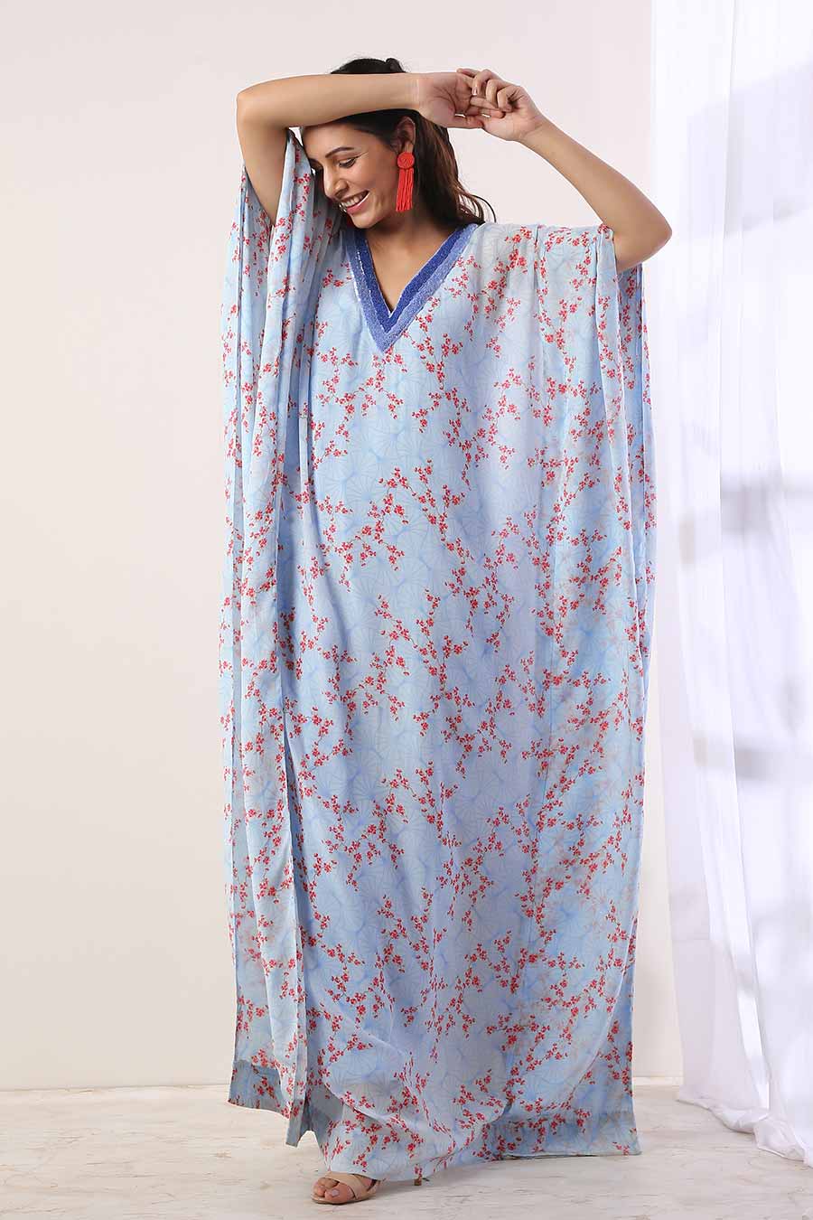 Blue Embroidered Kaftan Dress With Slip