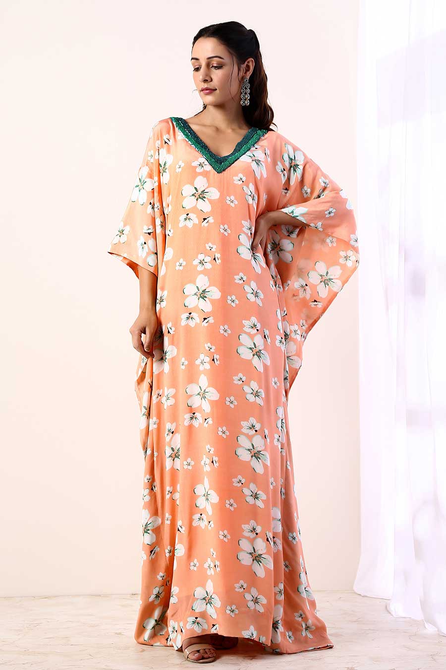 Coral Embroidered Kaftan Dress With Slip