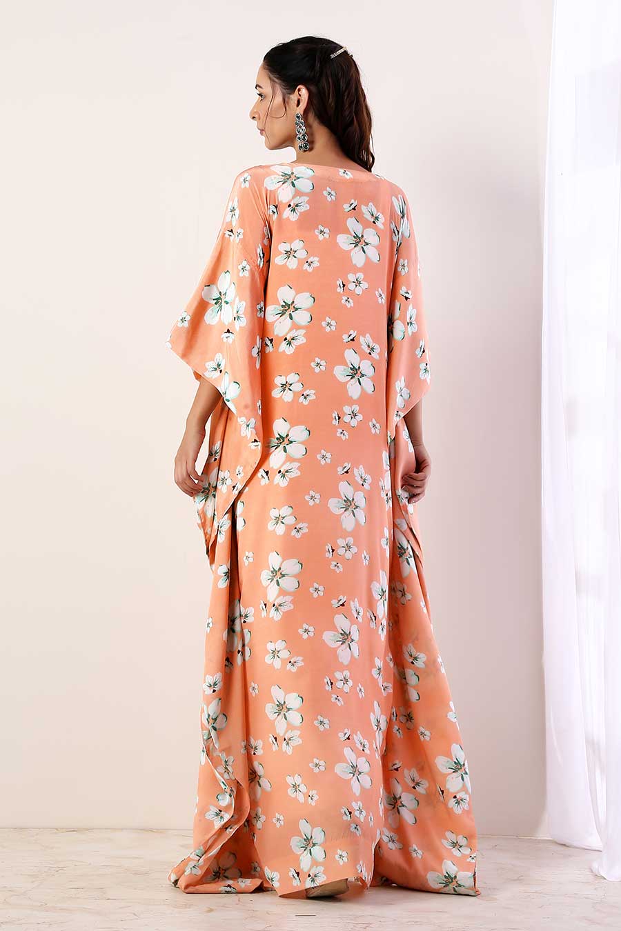 Coral Embroidered Kaftan Dress With Slip