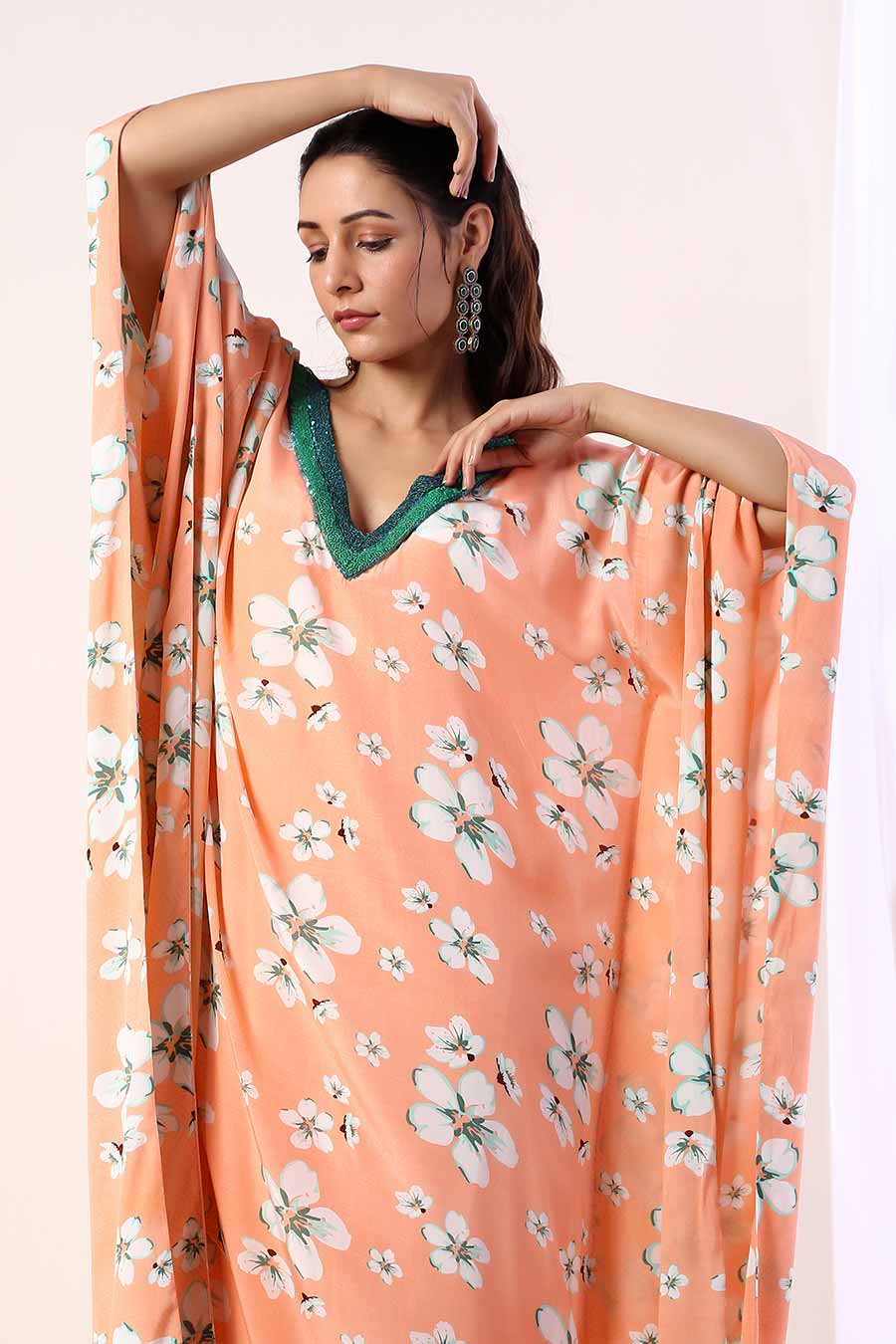 Coral Embroidered Kaftan Dress With Slip