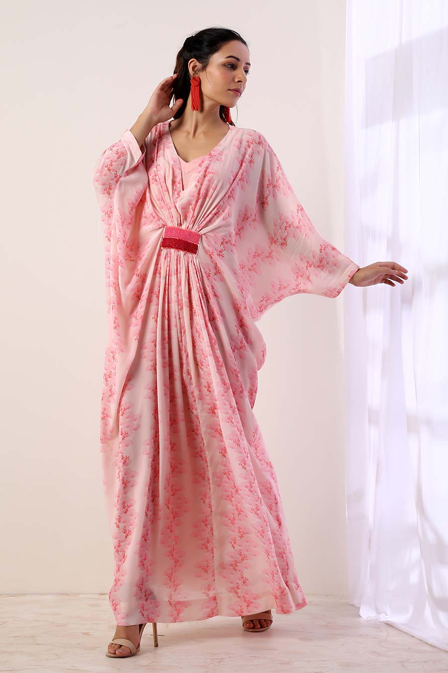Pink Embroidered Kaftan Dress With Slip