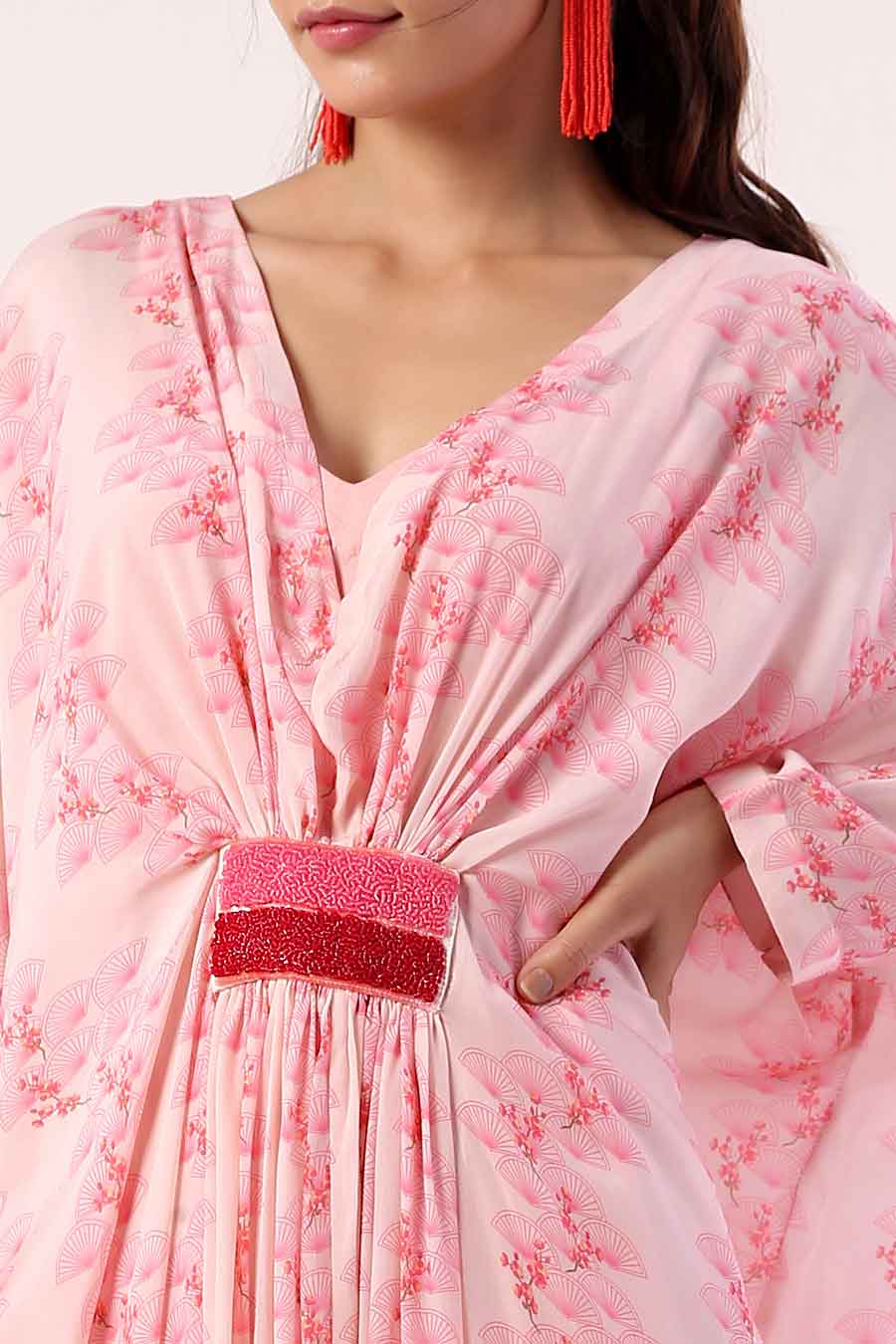 Pink Embroidered Kaftan Dress With Slip