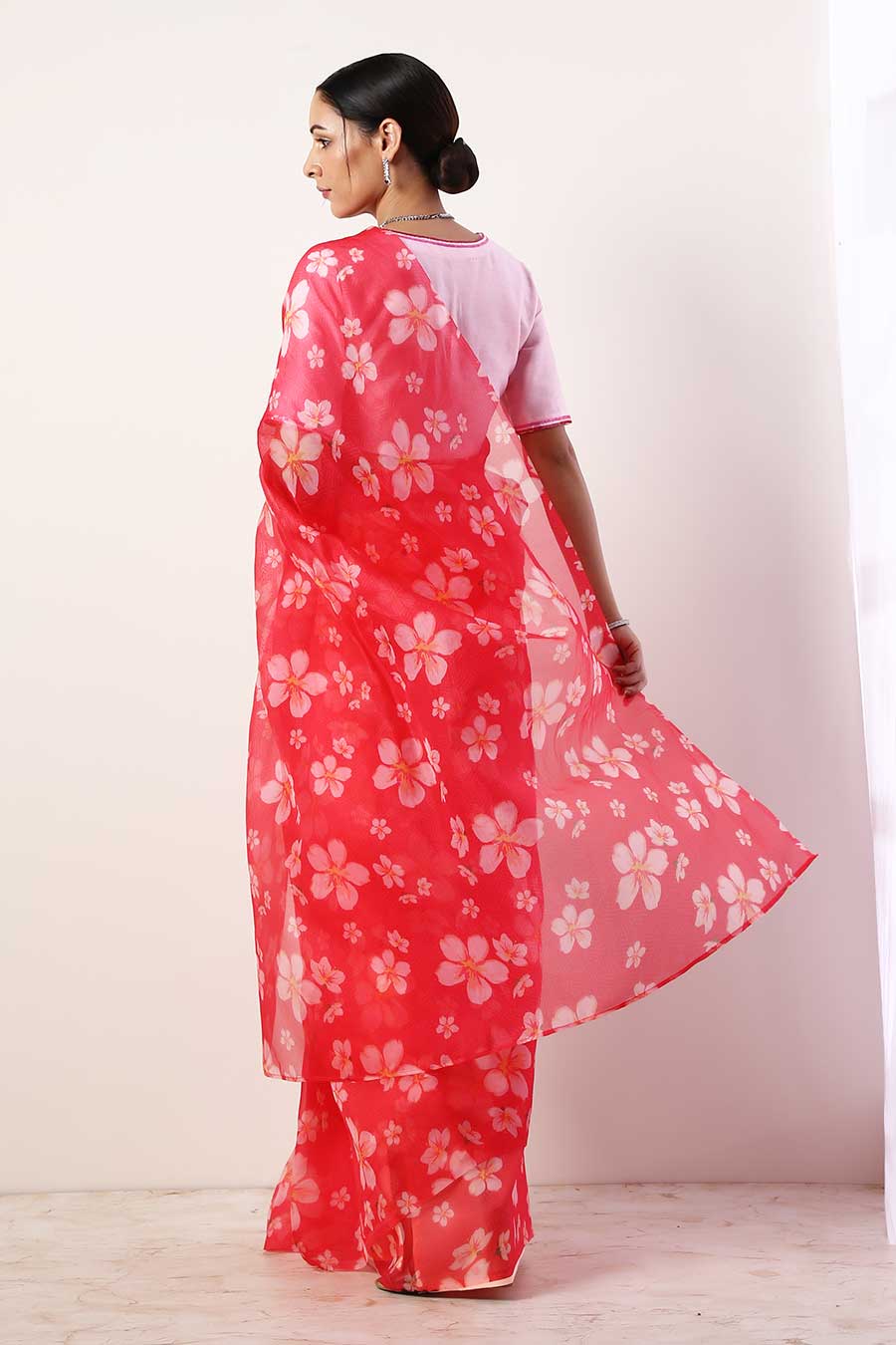 Hot Pink Printed Organza Saree & Blouse