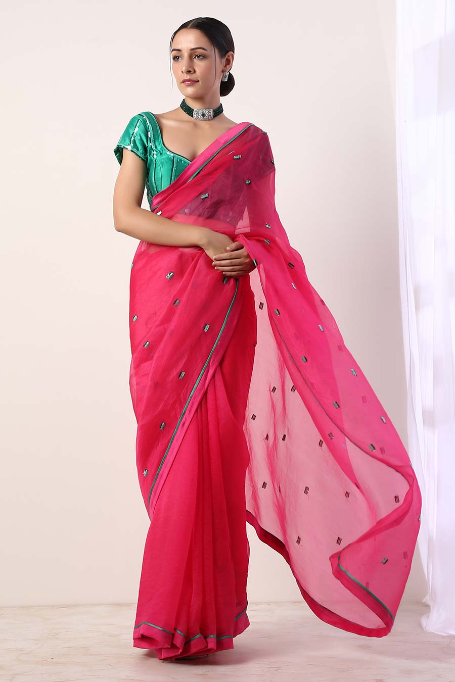Fuschia Embroidered Organza Saree & Blouse