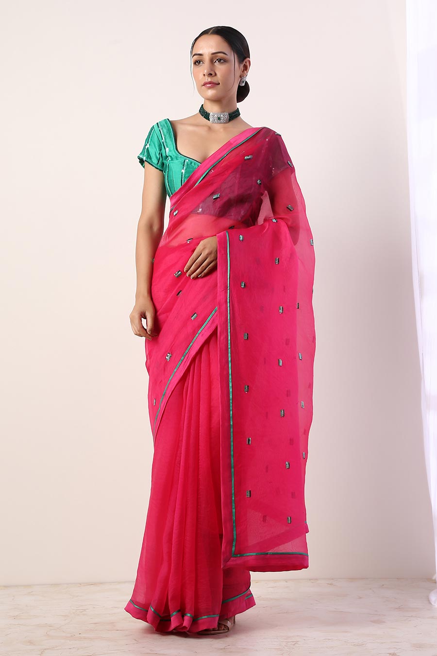 Fuschia Embroidered Organza Saree & Blouse