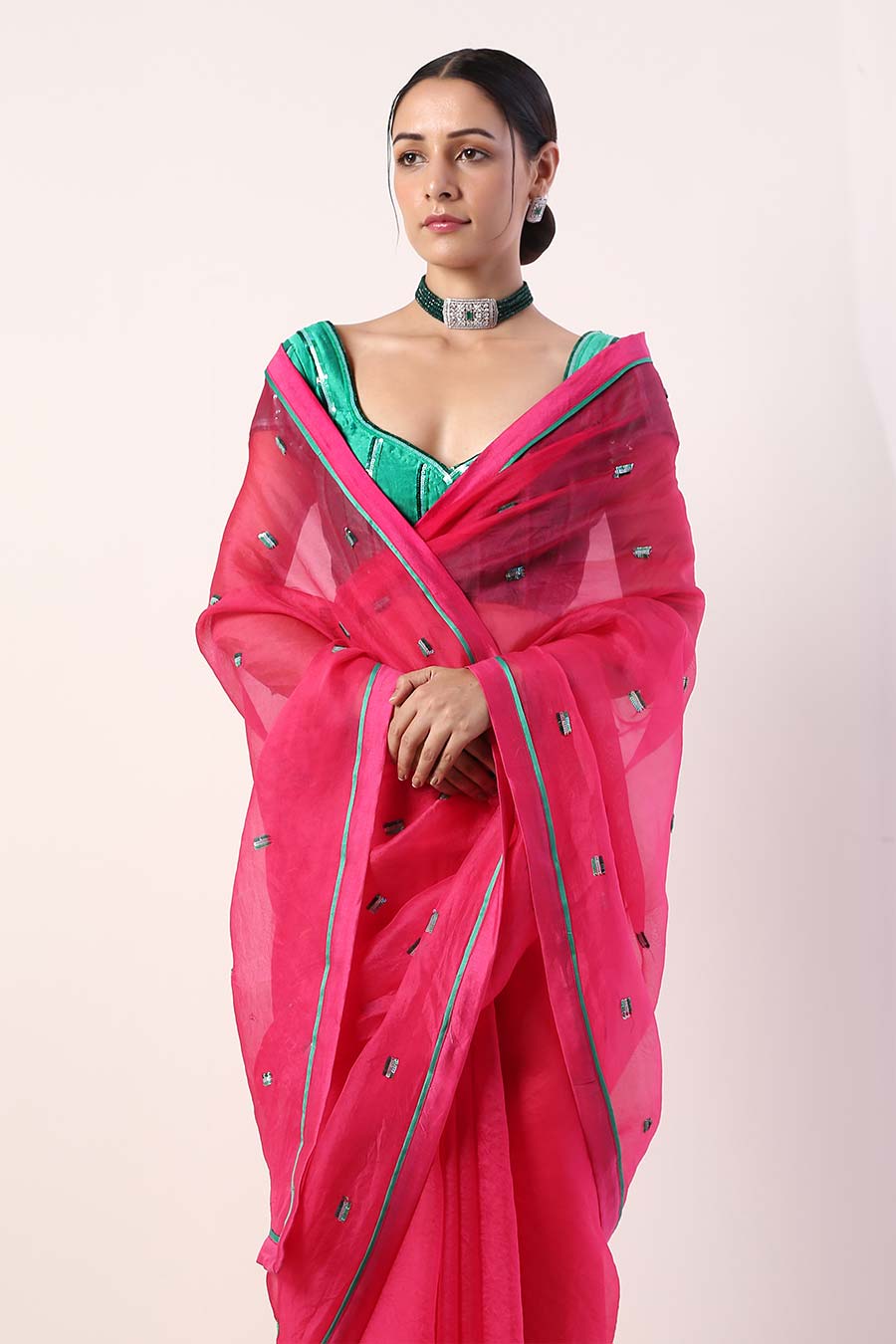 Fuschia Embroidered Organza Saree & Blouse