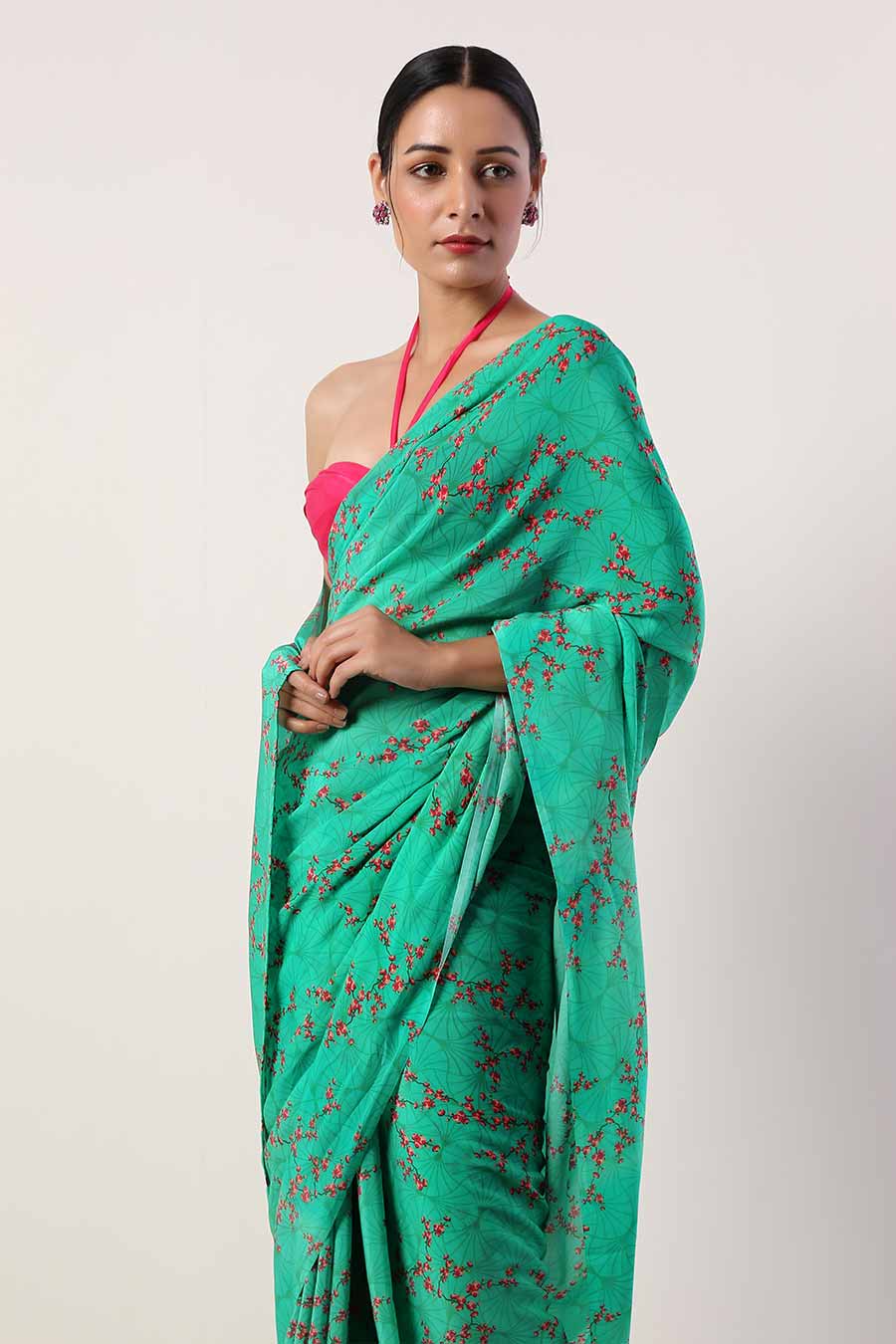 Green Crepe Saree & Unstitched Blouse
