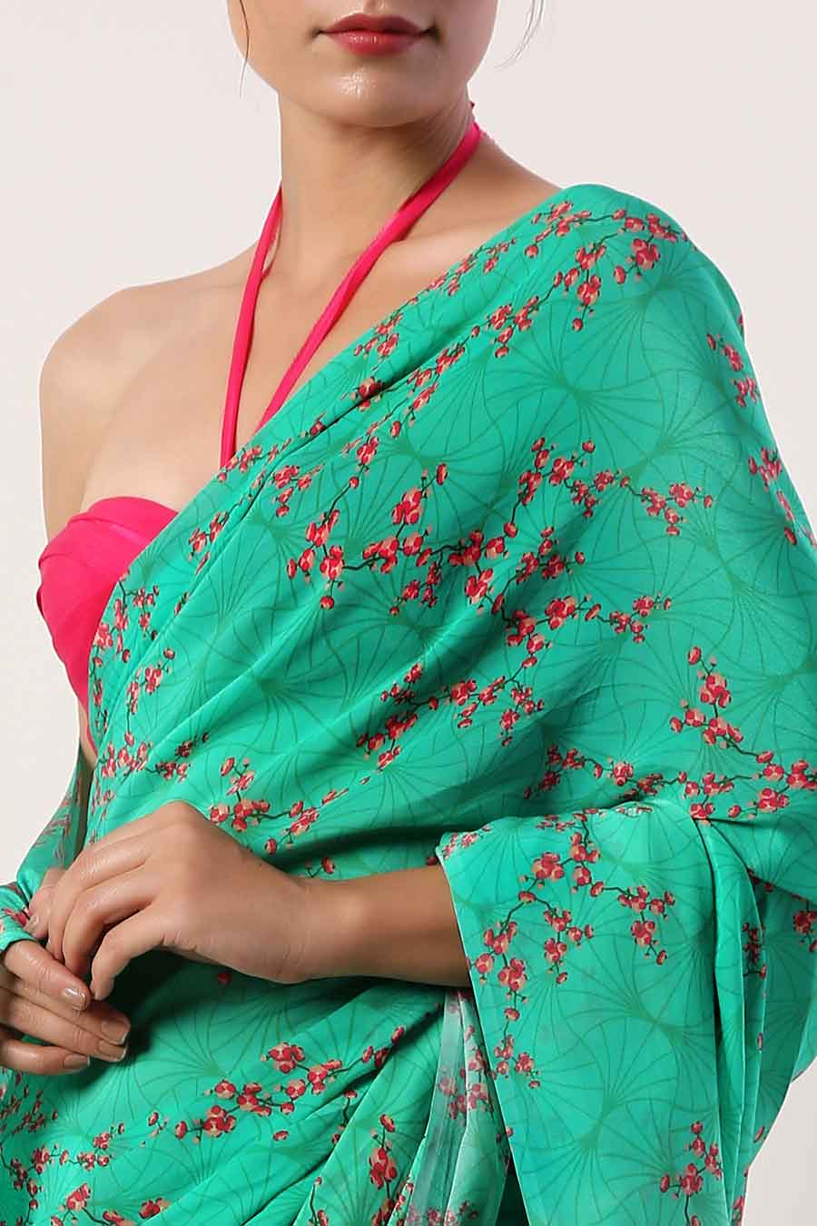 Green Crepe Saree & Unstitched Blouse