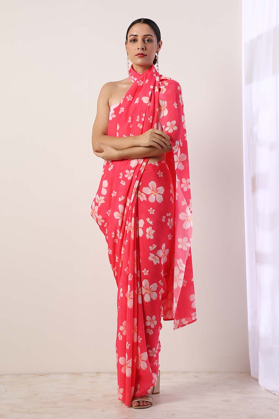 Hot Pink Crepe Saree & Unstitched Blouse