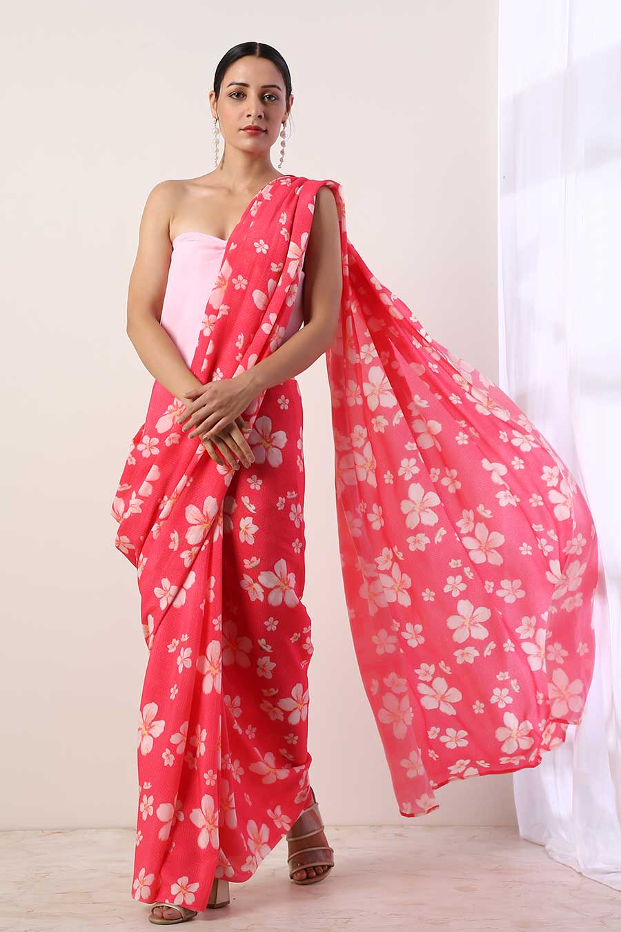 Hot Pink Crepe Saree & Unstitched Blouse
