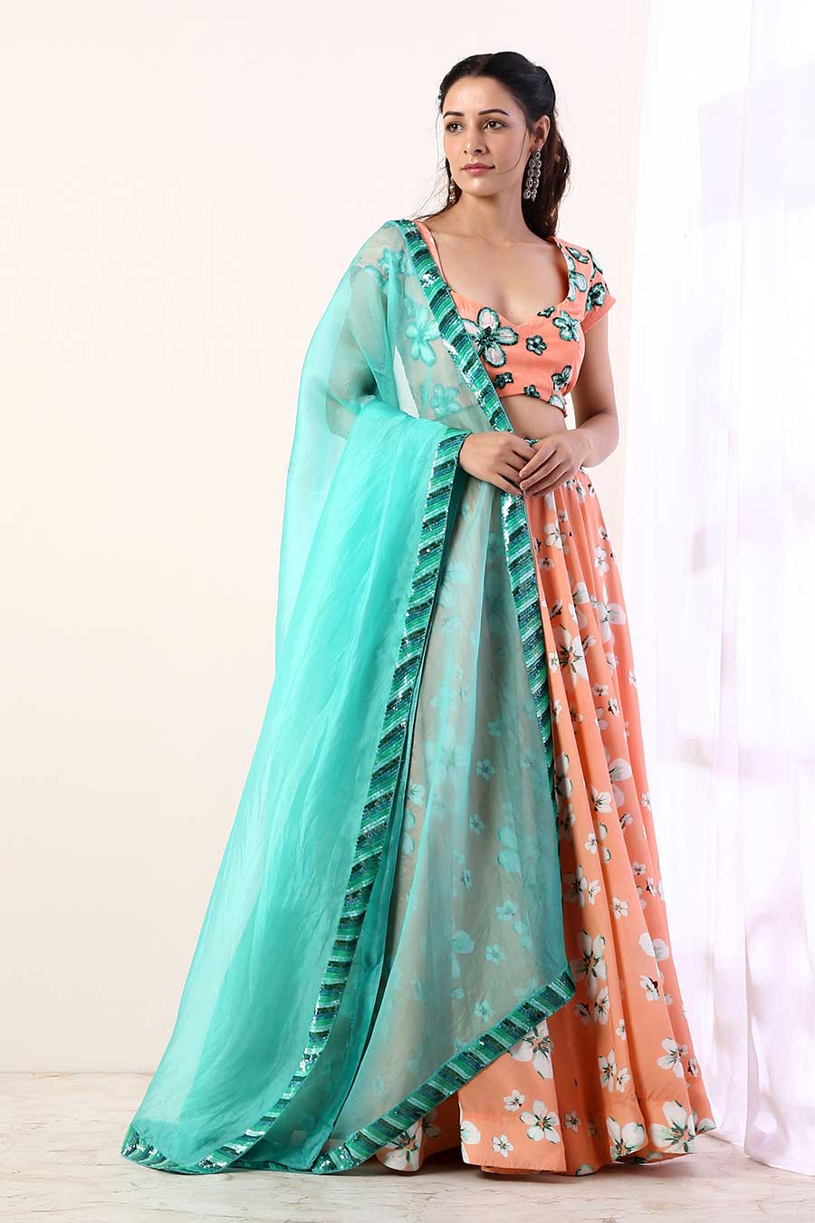 Coral & Teal Embroidered Lehenga Set