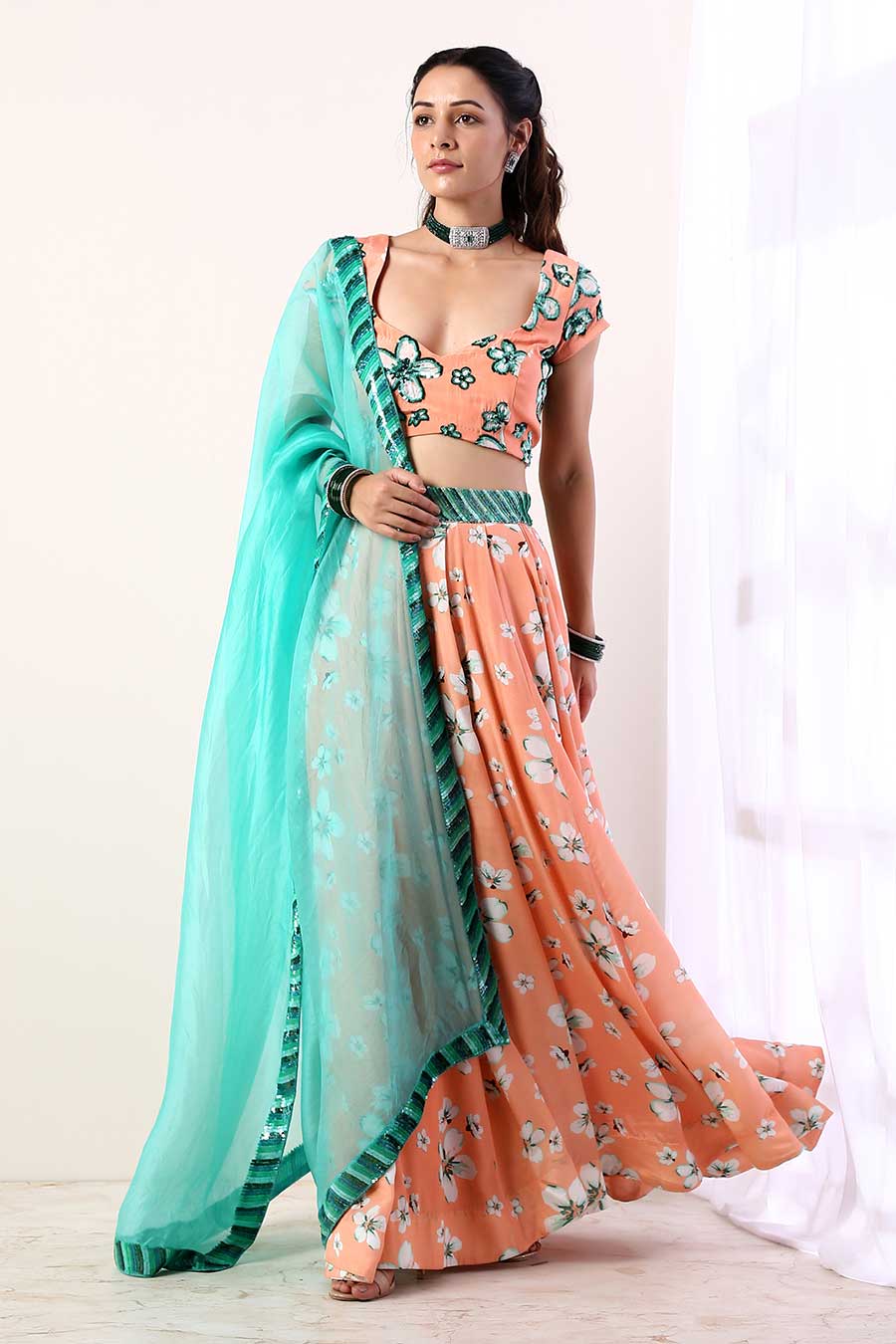 Coral & Teal Embroidered Lehenga Set
