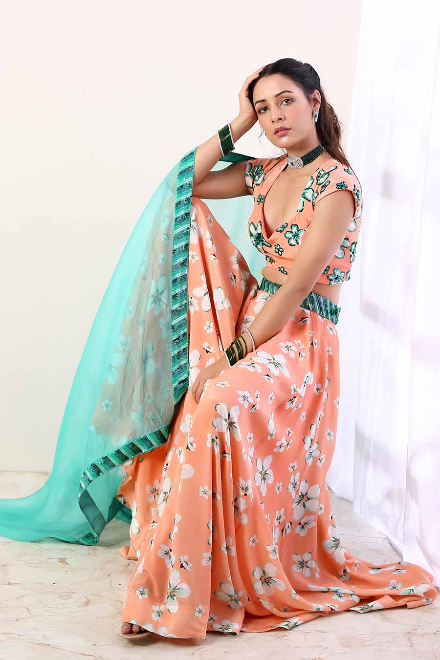 Coral & Teal Embroidered Lehenga Set