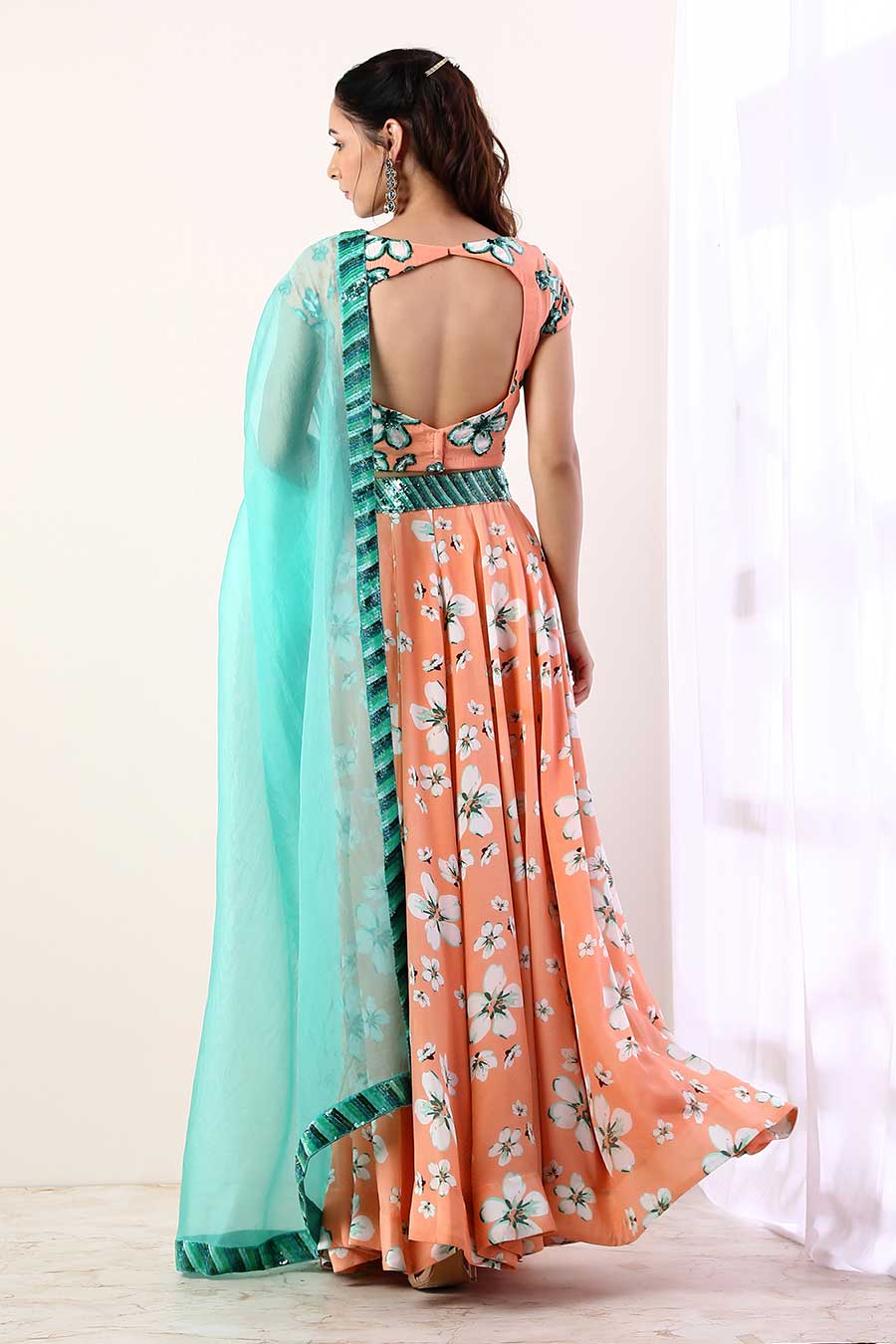 Coral & Teal Embroidered Lehenga Set
