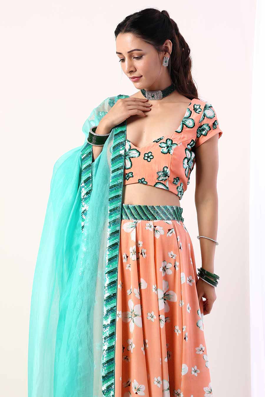 Coral & Teal Embroidered Lehenga Set
