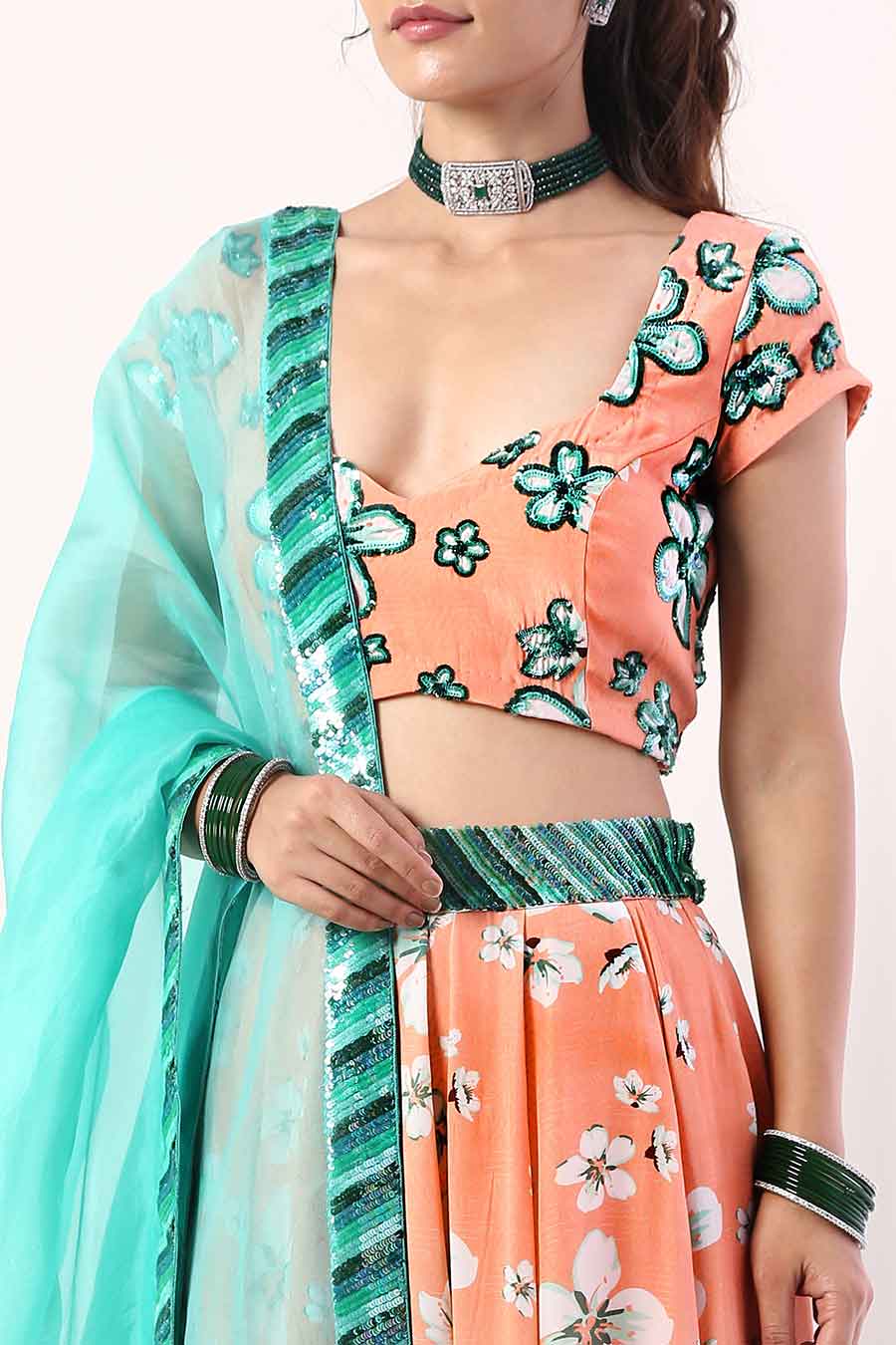 Coral & Teal Embroidered Lehenga Set