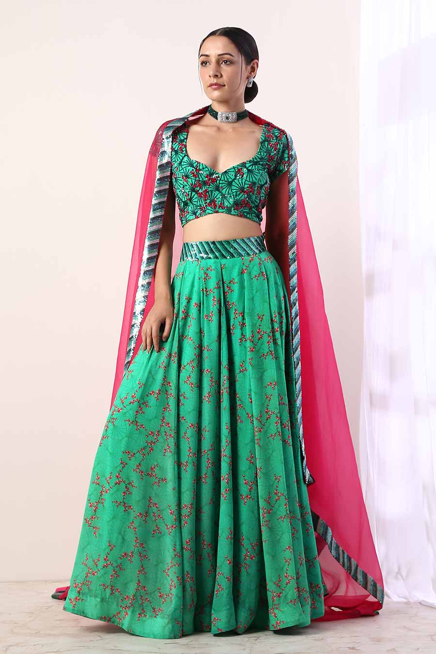Green & Pink Embroidered Lehenga Set