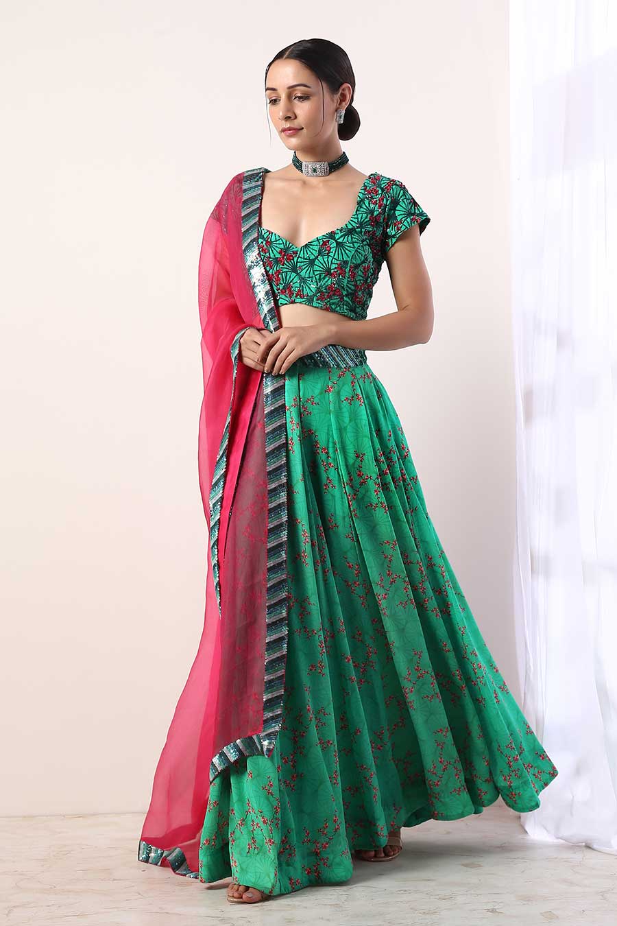 Green & Pink Embroidered Lehenga Set