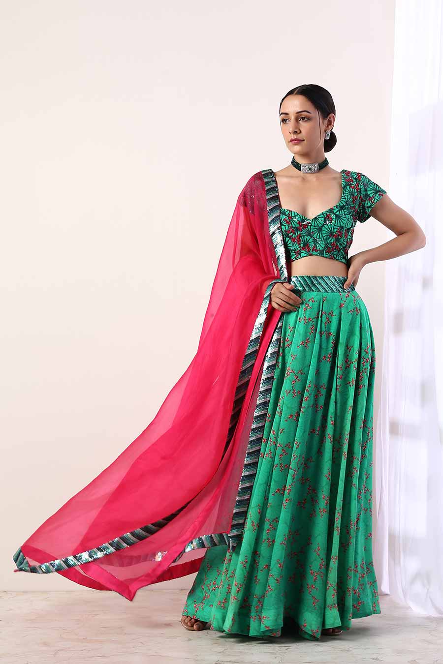 Green & Pink Embroidered Lehenga Set