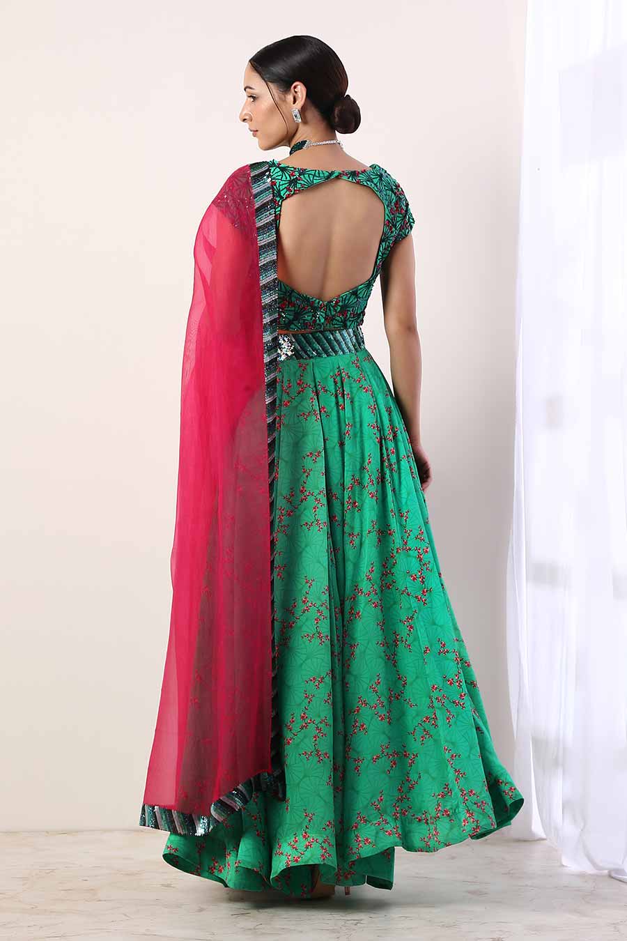 Green & Pink Embroidered Lehenga Set