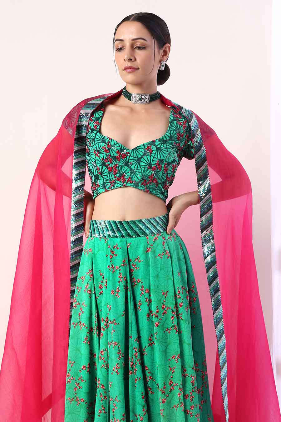 Green & Pink Embroidered Lehenga Set