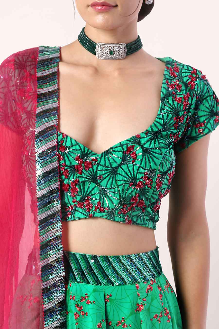 Green & Pink Embroidered Lehenga Set