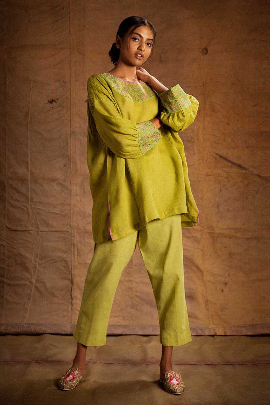 Green Linen Embroidered Tunic