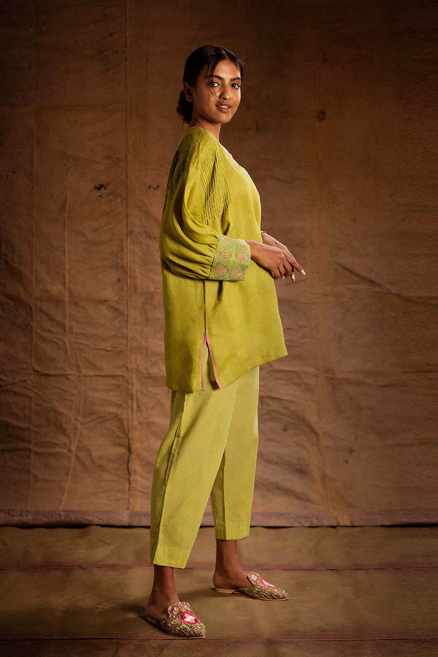 Green Linen Embroidered Tunic