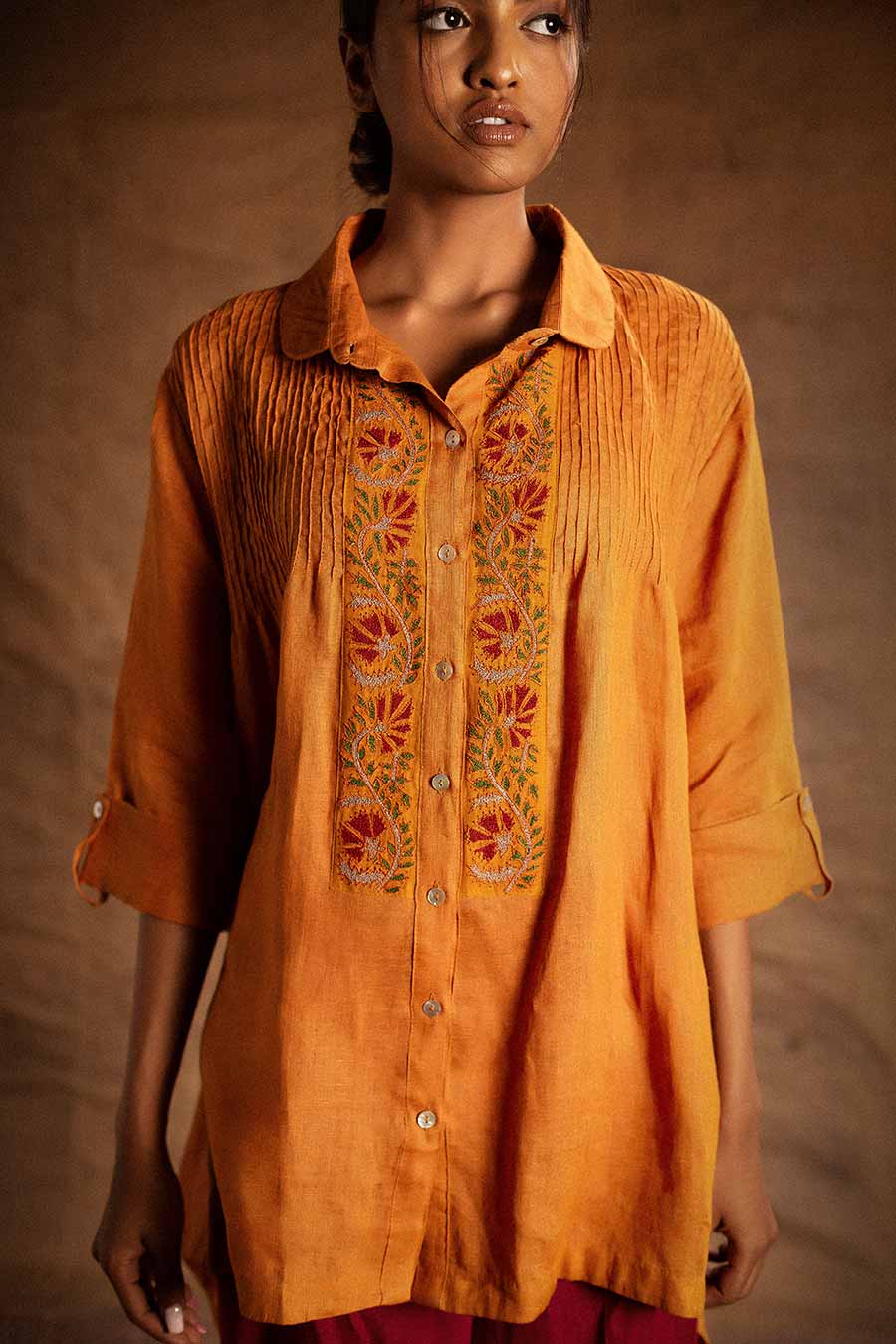 Orange Linen Embroidered Tunic Shirt