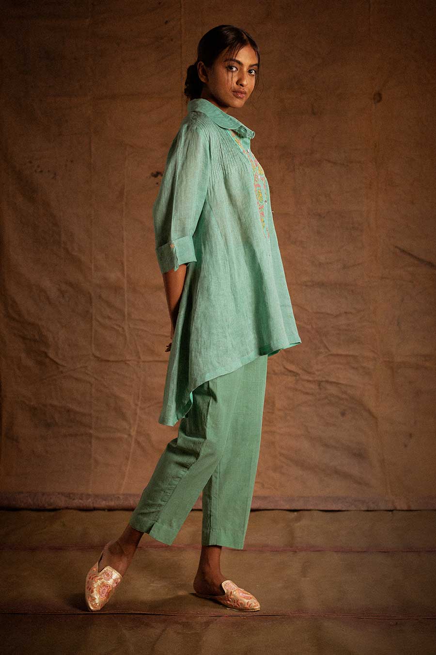 Sea Blue Linen Embroidered Tunic Shirt