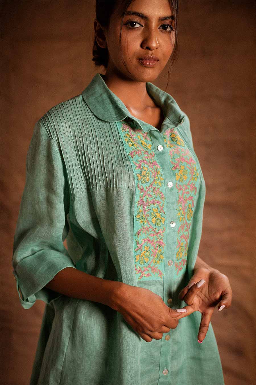 Sea Blue Linen Embroidered Tunic Shirt