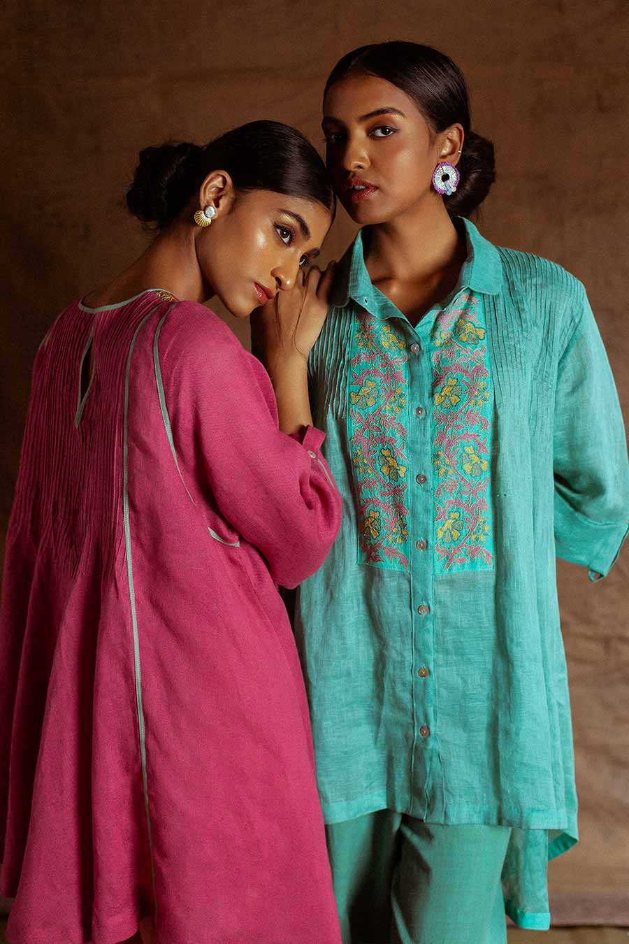 Sea Blue Linen Embroidered Tunic Shirt