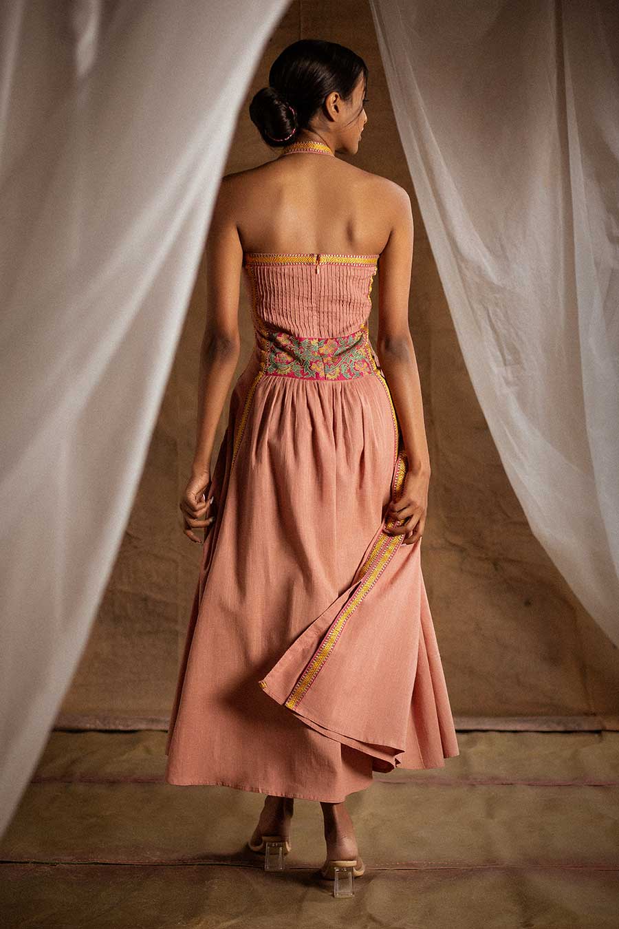Peach Embroidered Halter Neck Dress