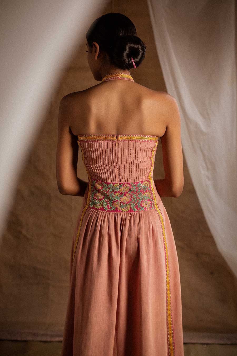 Peach Embroidered Halter Neck Dress