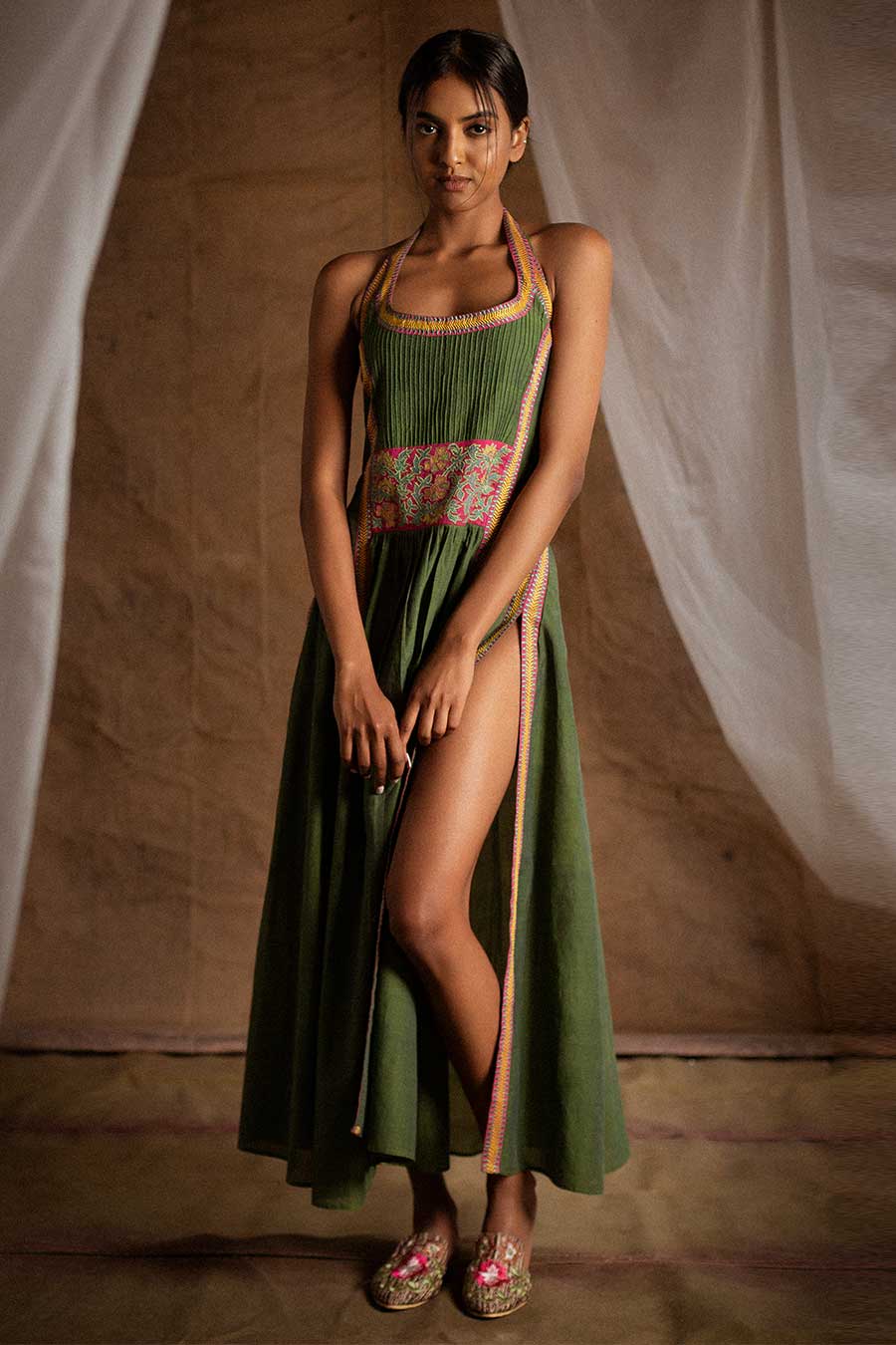 Green Embroidered Slit Dress