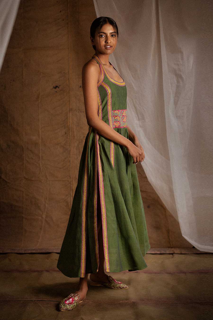Green Embroidered Slit Dress