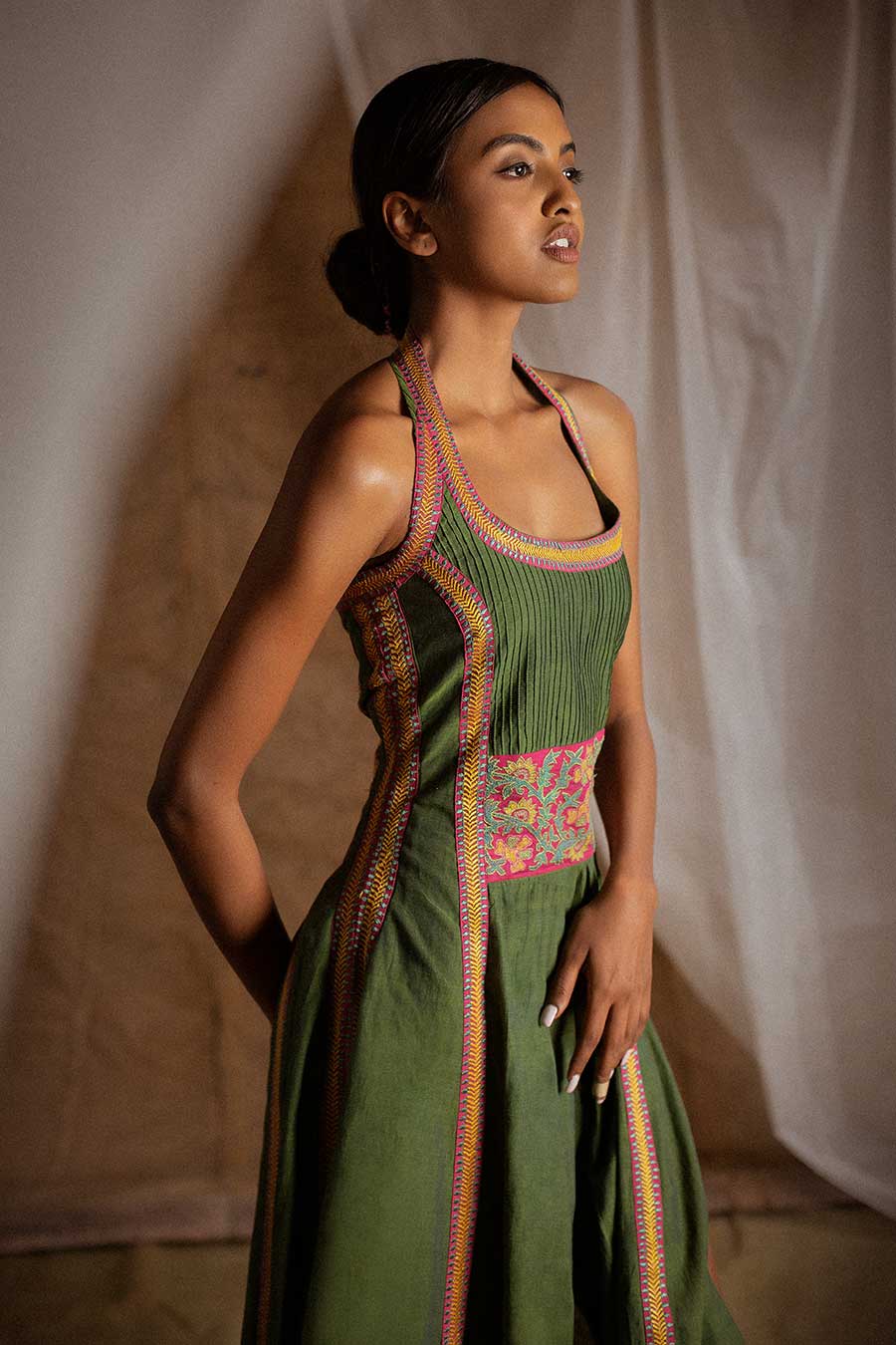 Green Embroidered Slit Dress