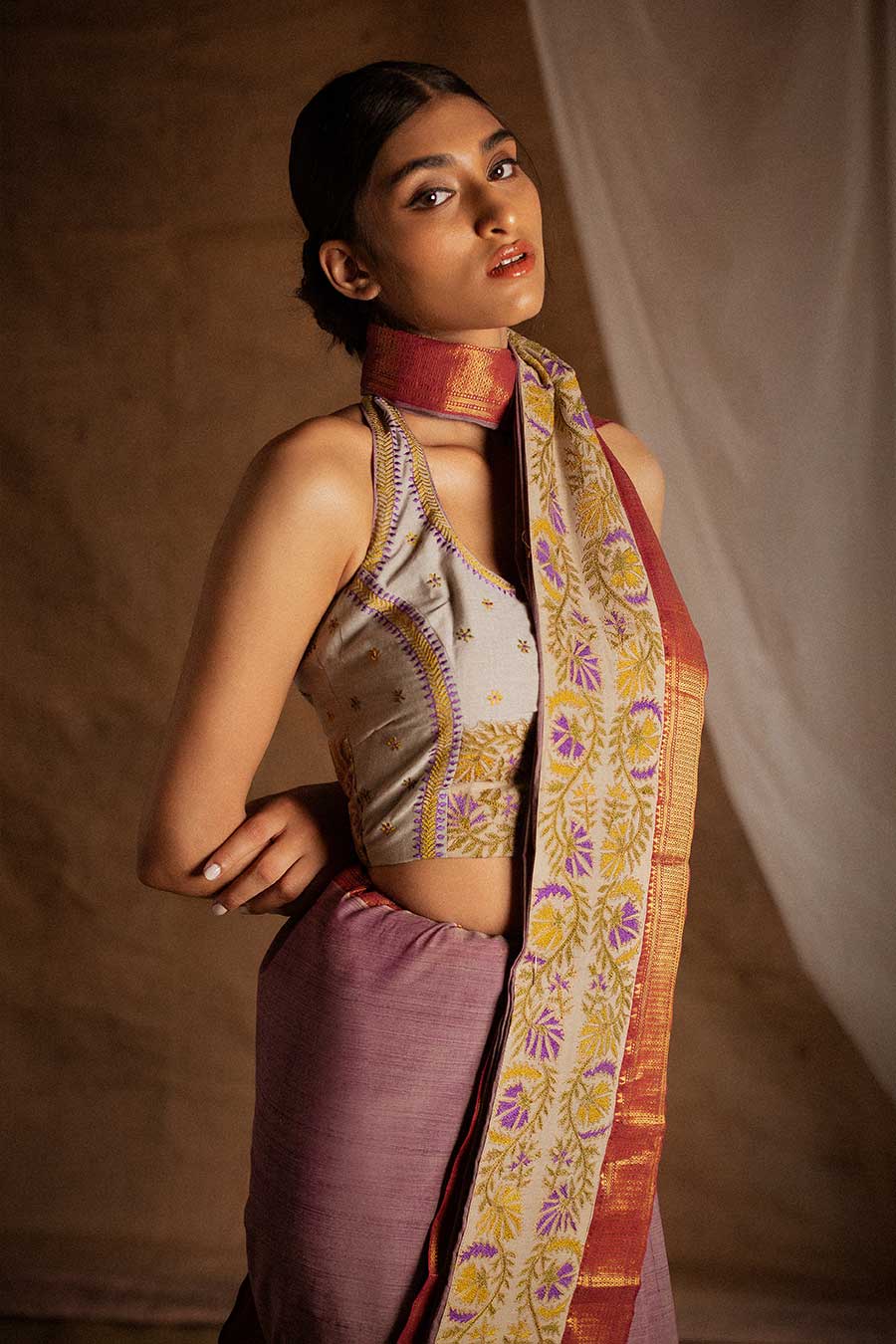 Lilac Embroidered Saree & Blouse Set