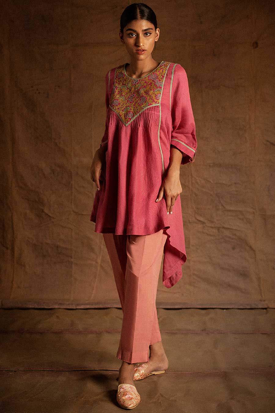 Pink Linen Embroidered Tunic