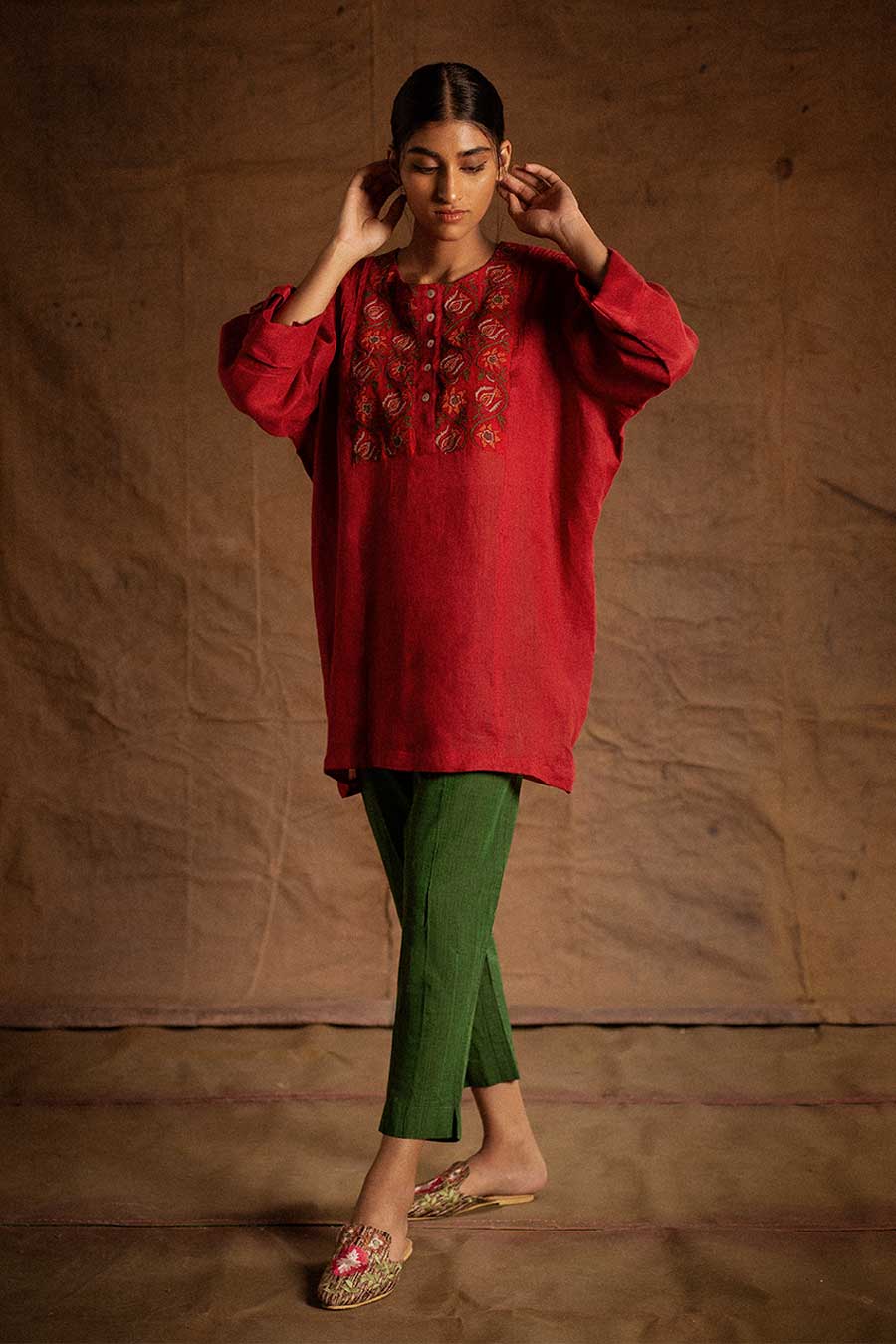 Red Linen Embroidered Tunic
