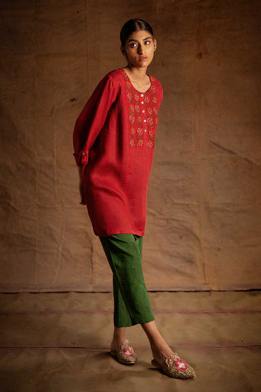 Red Linen Embroidered Tunic
