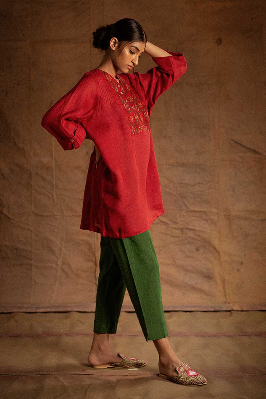 Red Linen Embroidered Tunic