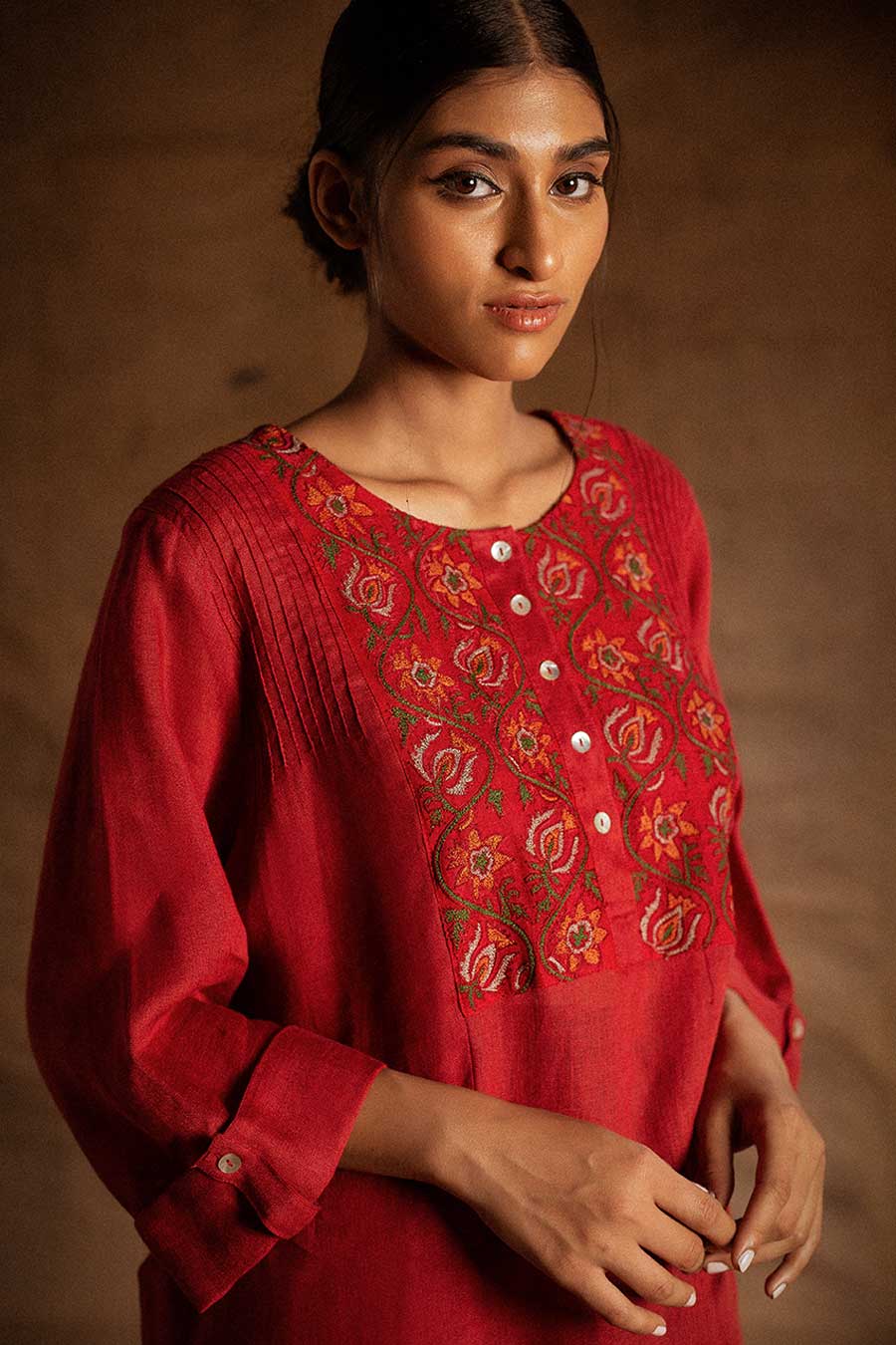 Red Linen Embroidered Tunic