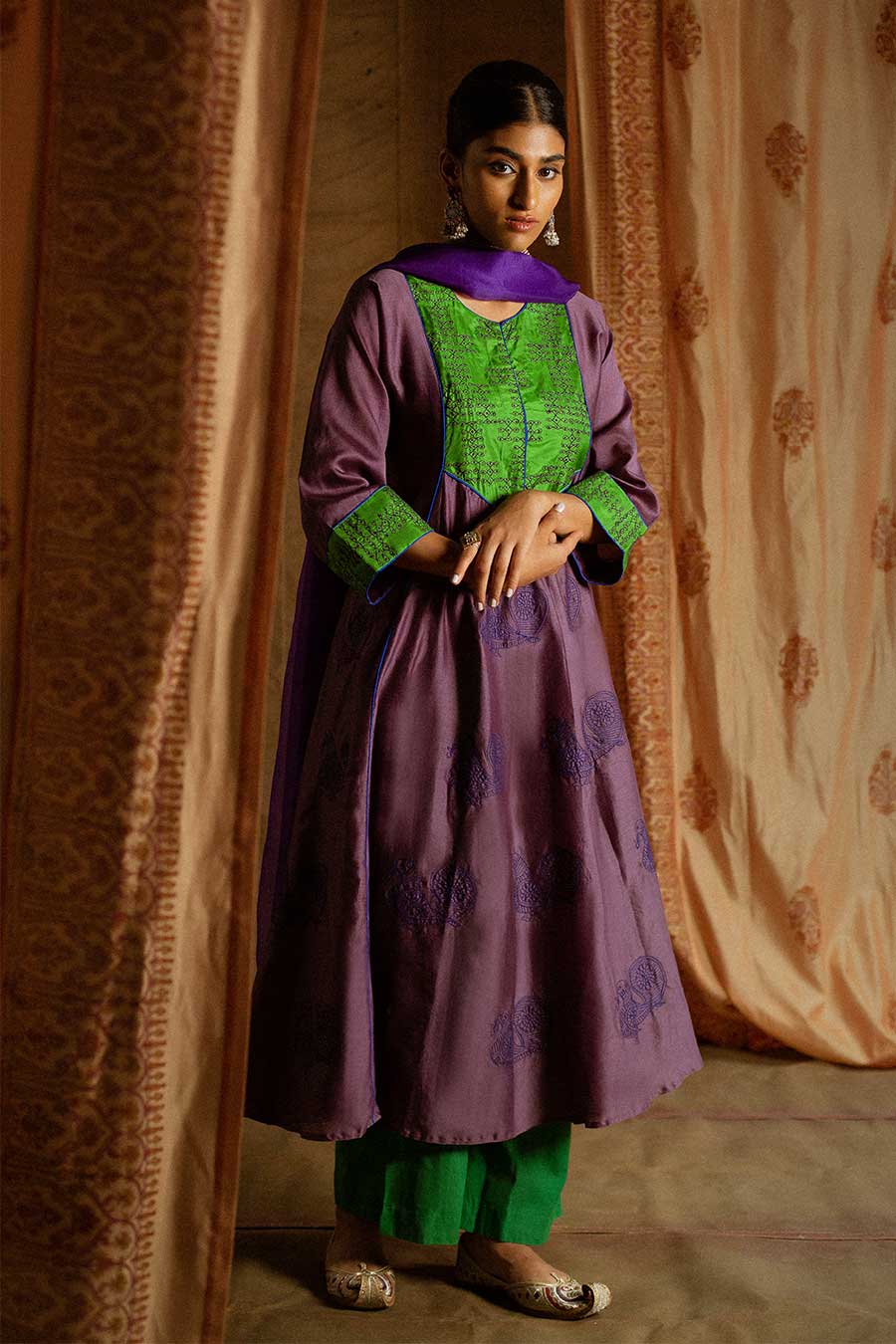 Purple Chandei Embroidered Kurta Set